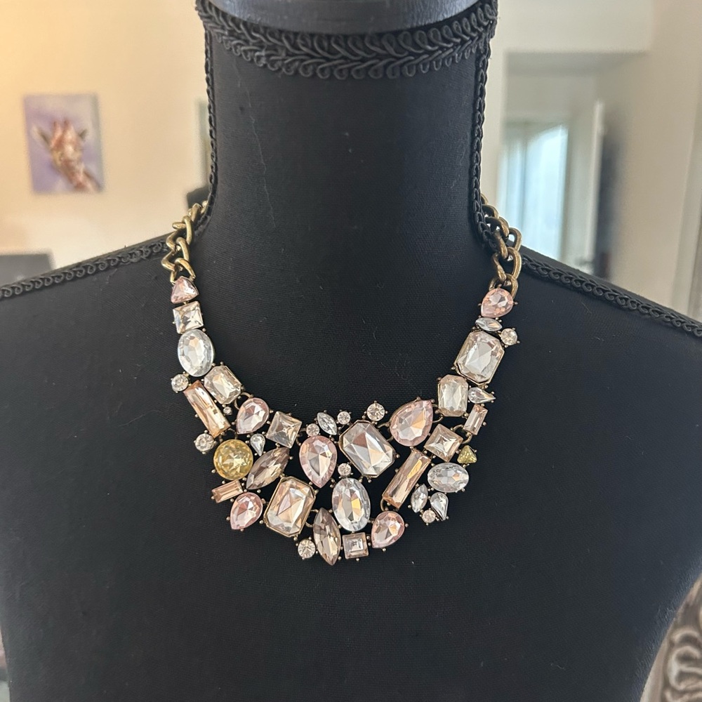 Pink and Gold Bib-Style Necklace with Geometric Stones